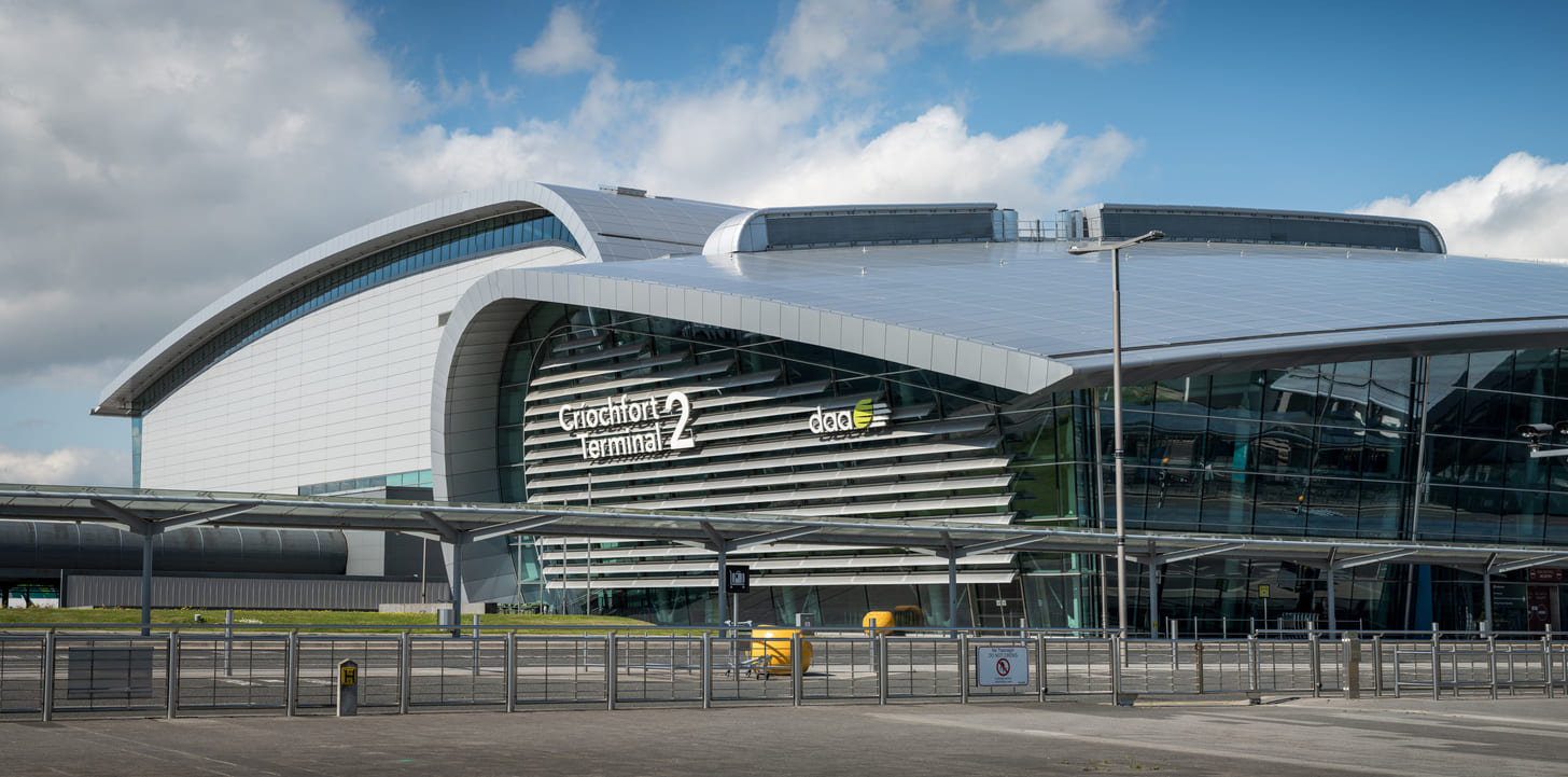 Dublin Airport's sleek and contemporary Terminal 2, reflecting its role as a modern international hub.