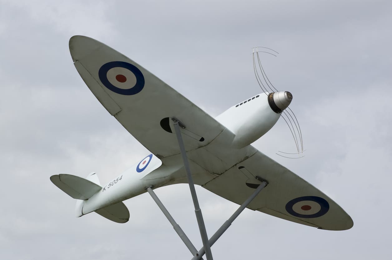 A Spitfire aircraft sculpture at Southampton Airport, commemorating its significant role in aviation history.