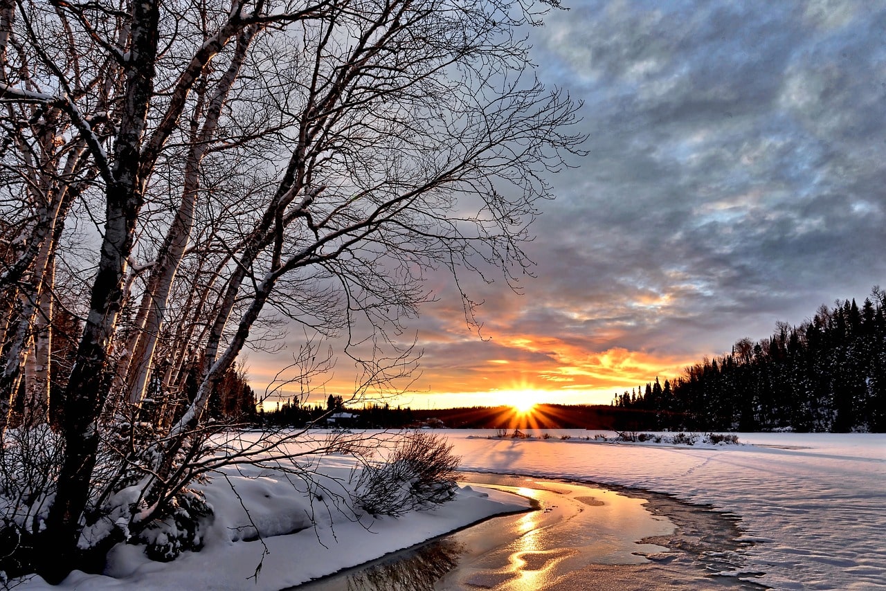 A winter landscape at sunset casts a tranquil glow over the snow-covered scenery.