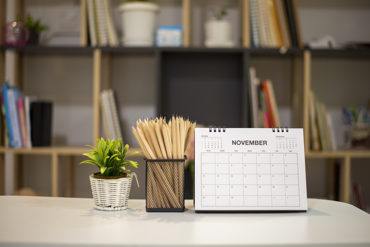 A desk setup featuring a Gregorian November calendar, a plant, and stationery.