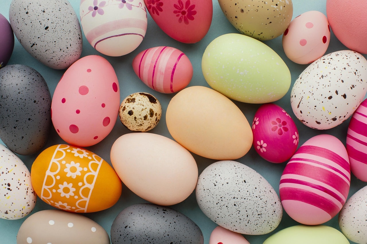 Decoratively painted Easter eggs, showcasing vibrant colors and intricate designs.