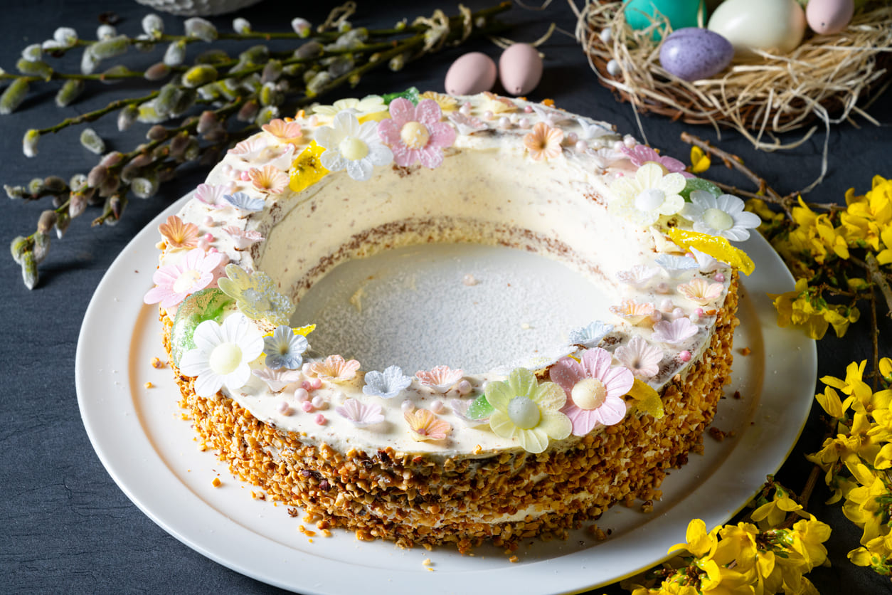 A festive Easter cake adorned with spring flowers, symbolizing the joy and togetherness of Easter Monday celebrations.