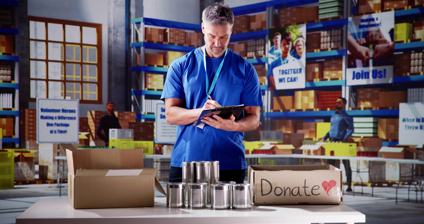 A volunteer organizing canned goods and donations at a food bank, highlighting the spirit of generosity and community service.