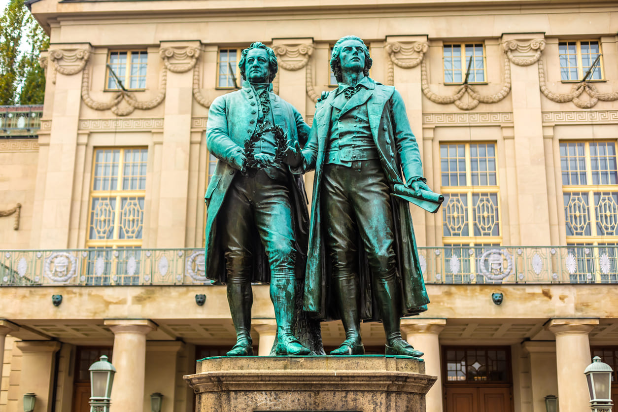 Statue of Goethe and Schiller in Weimar, representing Germany's literary and cultural legacy.