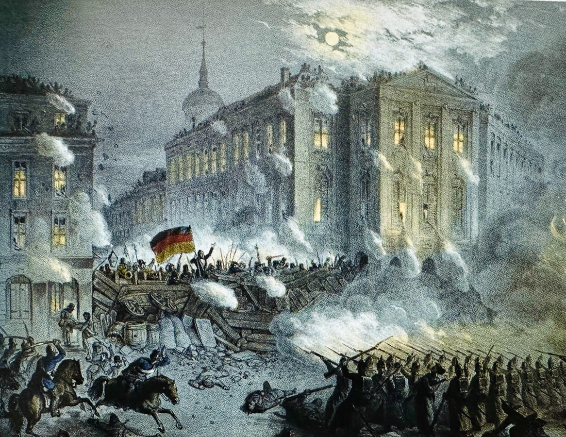 The barricade fights at Alexanderplatz during the March Revolution in Berlin, March 18-19, 1848, symbolizing the struggle for democracy.