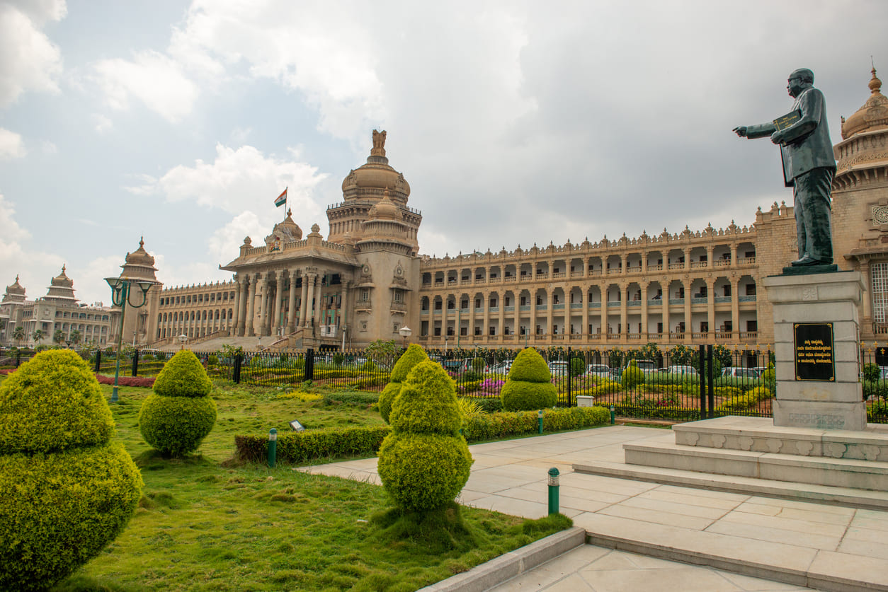 Statue of Dr. B.R. Ambedkar near Vidhana Soudha in Bengaluru, symbolizing his legacy of equality and justice.