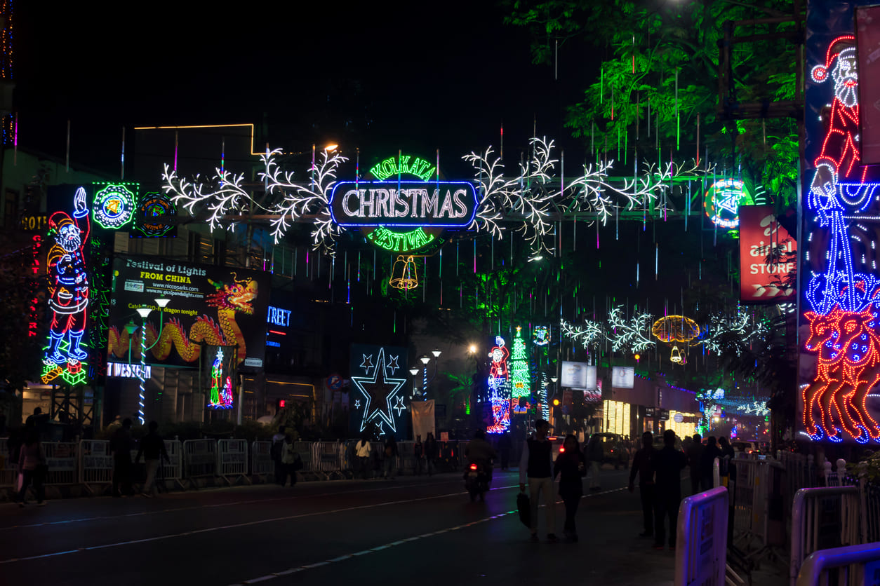 Park Street in Kolkata, beautifully illuminated with vibrant Christmas lights and decorations, creating a festive and joyful atmosphere.