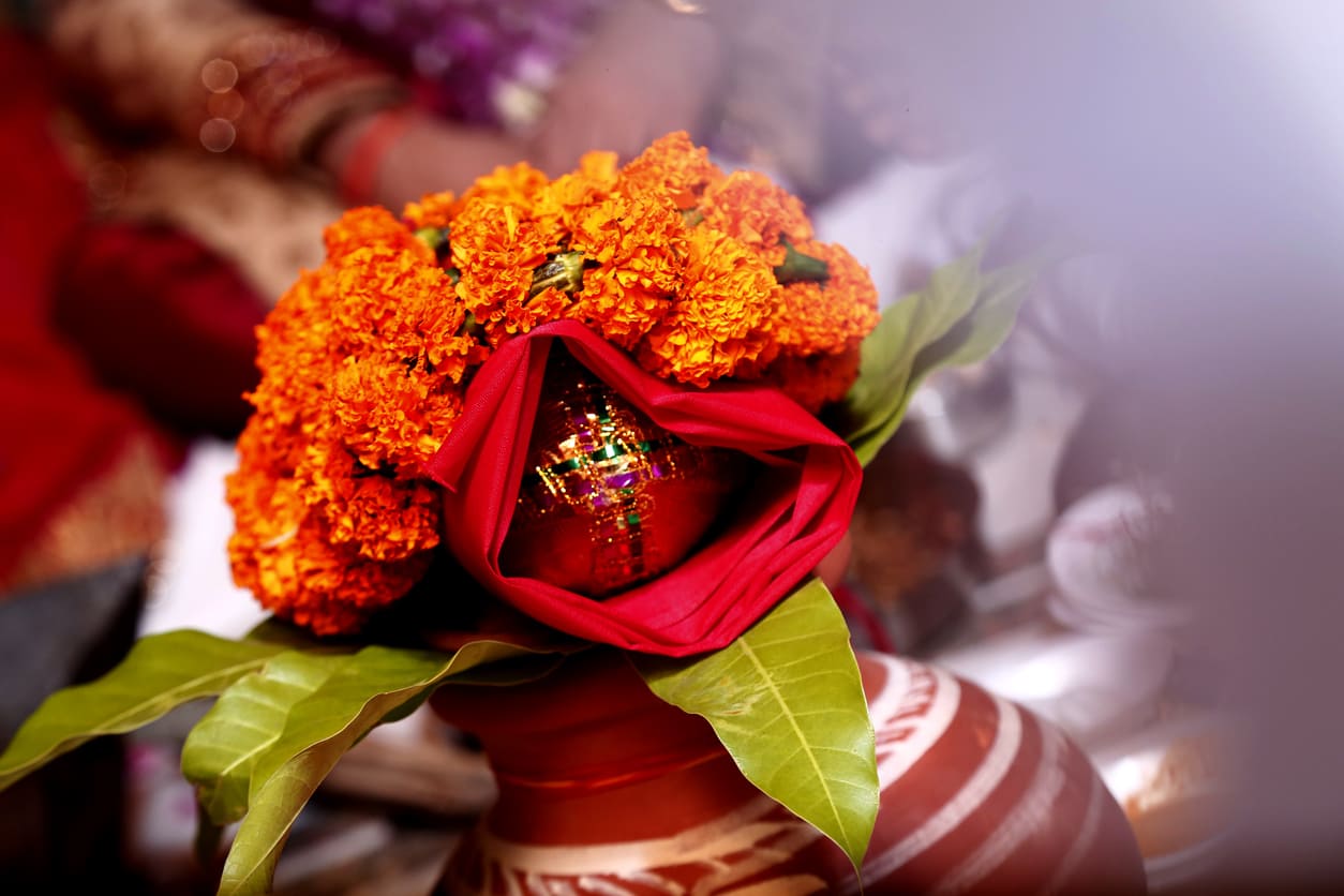 Beautifully adorned Kalash, an integral part of Kalash Sthapana during Maha Shashthi rituals in Durga Puja.