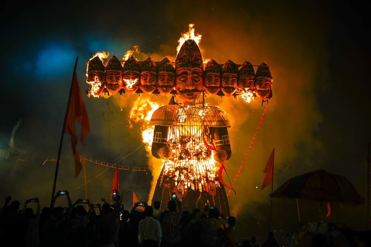 Burning effigy of Ravana, a powerful symbol of the victory of good over evil, during Dussehra celebrations.