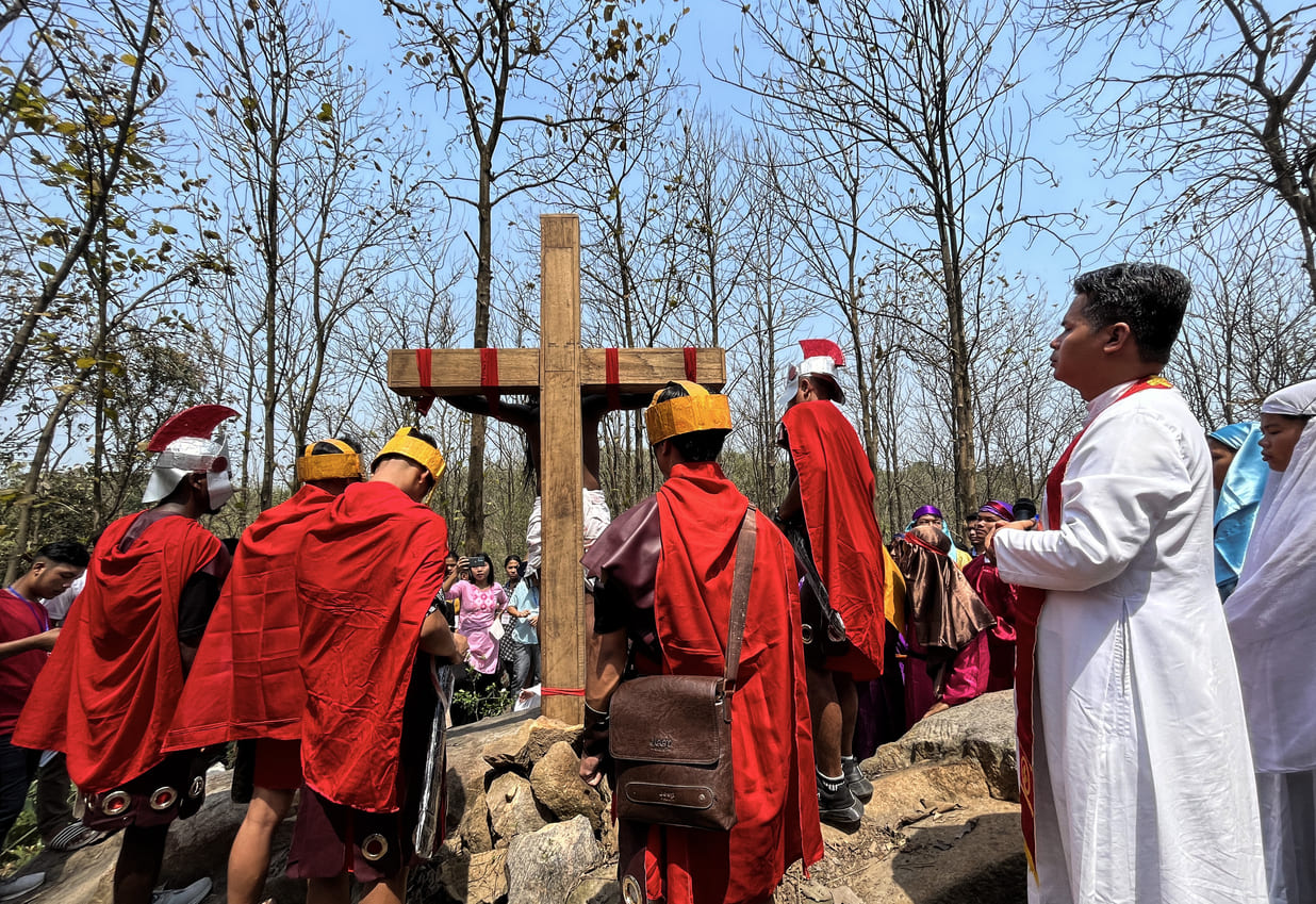 Reenactment of Jesus Christ's crucifixion during Good Friday observances in Guwahati, India.