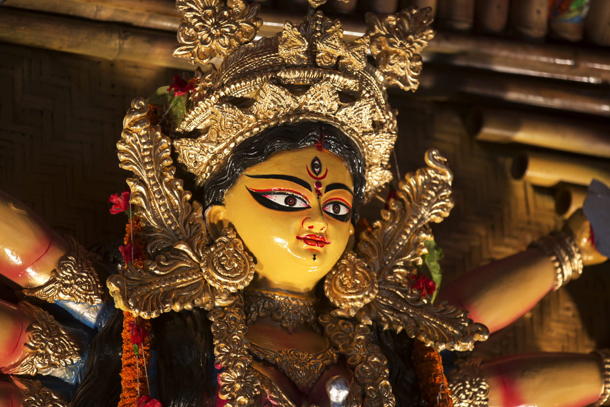 Beautifully decorated idol of Goddess Durga, symbolizing her divine strength and grace during Durga Puja.