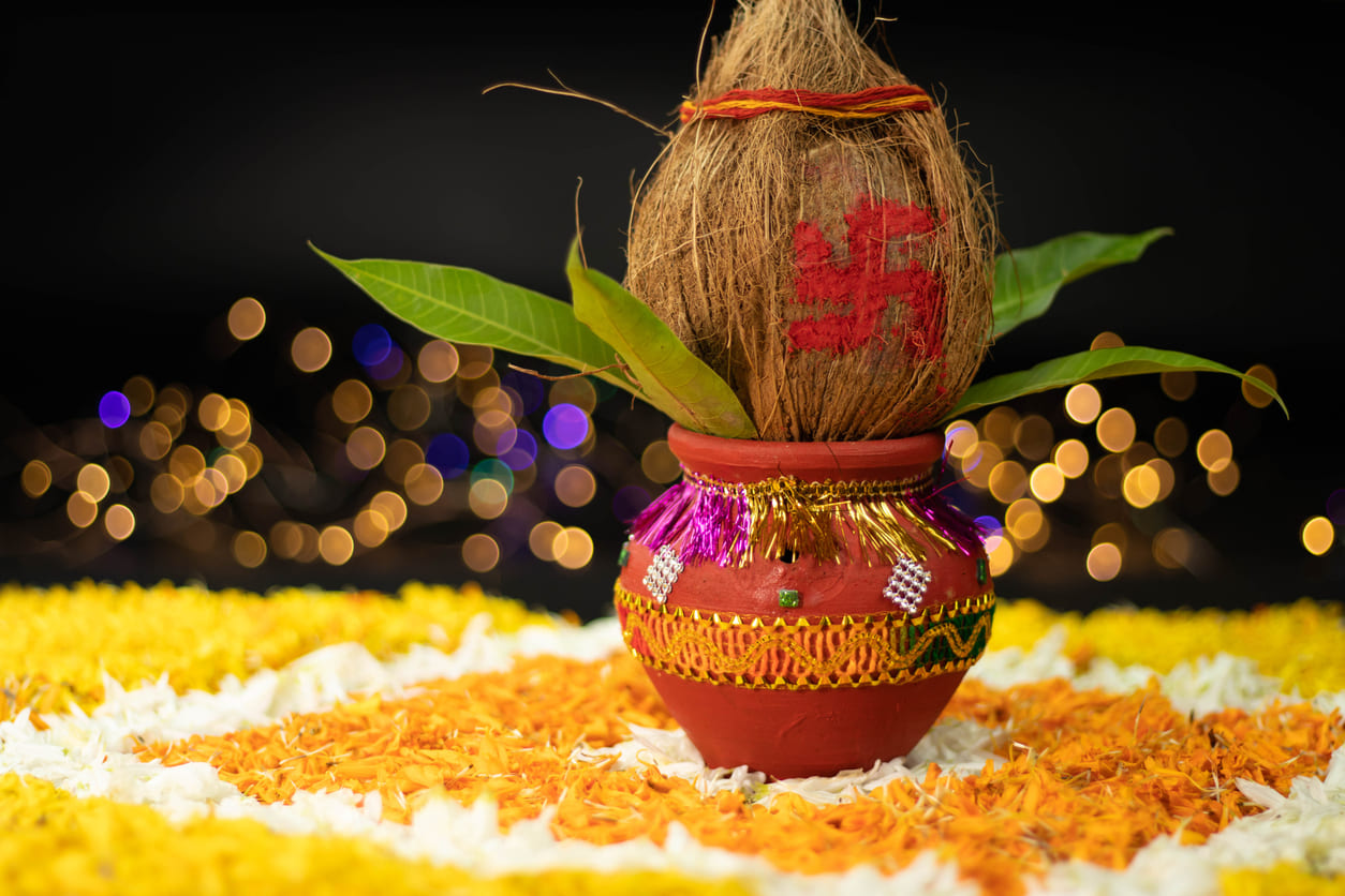 A vibrant and decorated Kalash, symbolizing purity and prosperity, used in Ghatasthapana during Sharad Navratri.