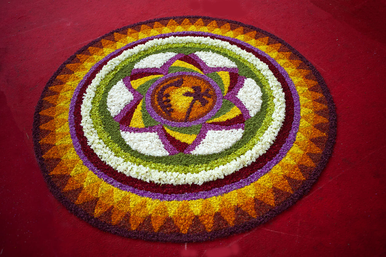 Beautifully designed Pookalam, a traditional floral rangoli, crafted to celebrate the festive spirit of Onam.