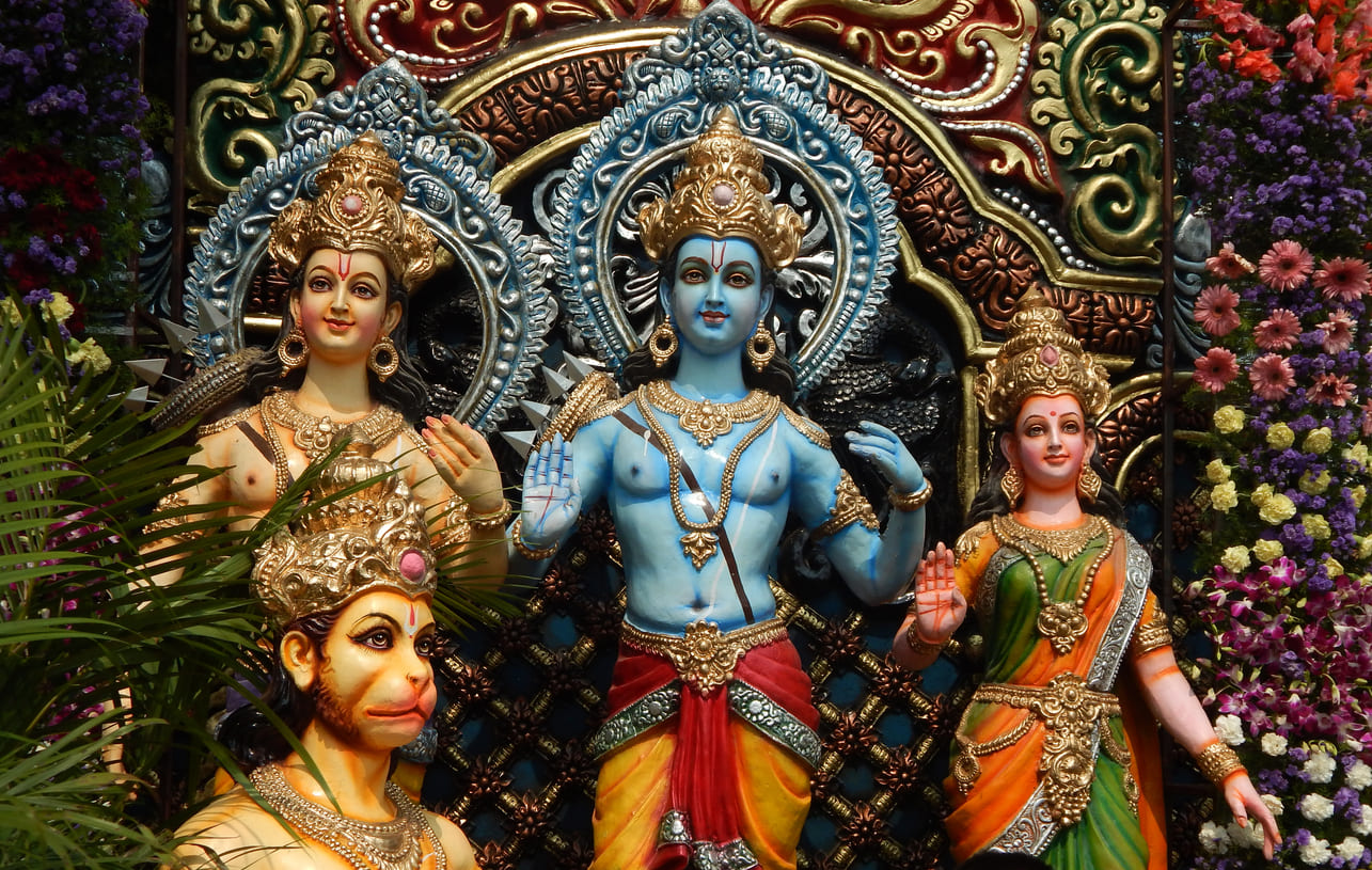 Beautifully adorned idols of Lord Rama, Sita, Lakshmana, and Hanuman, symbolizing devotion and the spirit of Rama Navami.