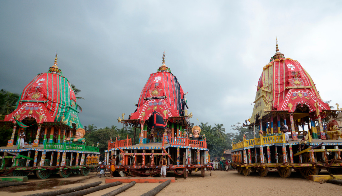 Beautifully decorated wooden chariots ready for the Rath Yatra procession in Puri, Odisha.