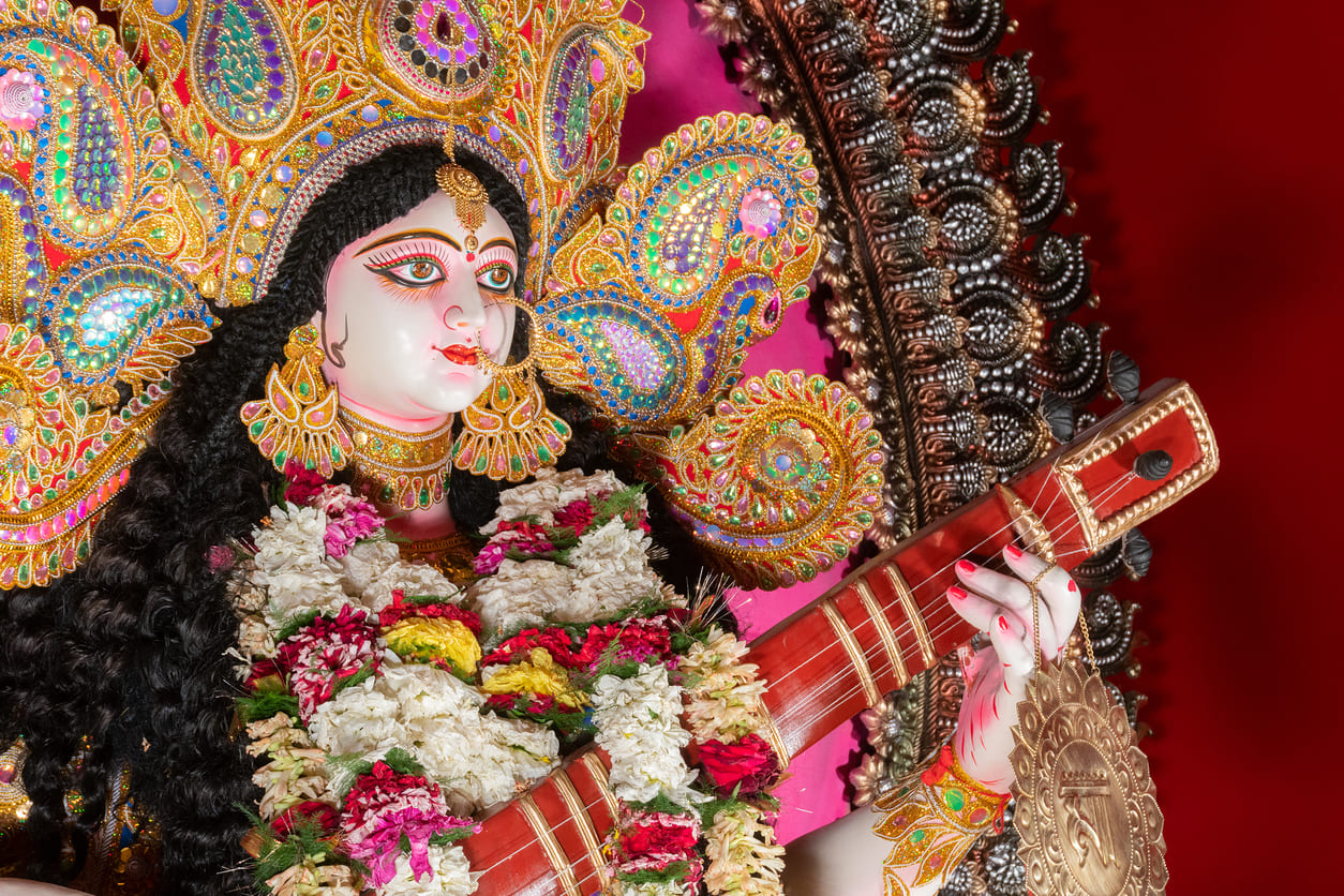 Beautifully adorned idol of Goddess Saraswati, worshipped during the Vasant Panchami festival, symbolizing wisdom and learning.