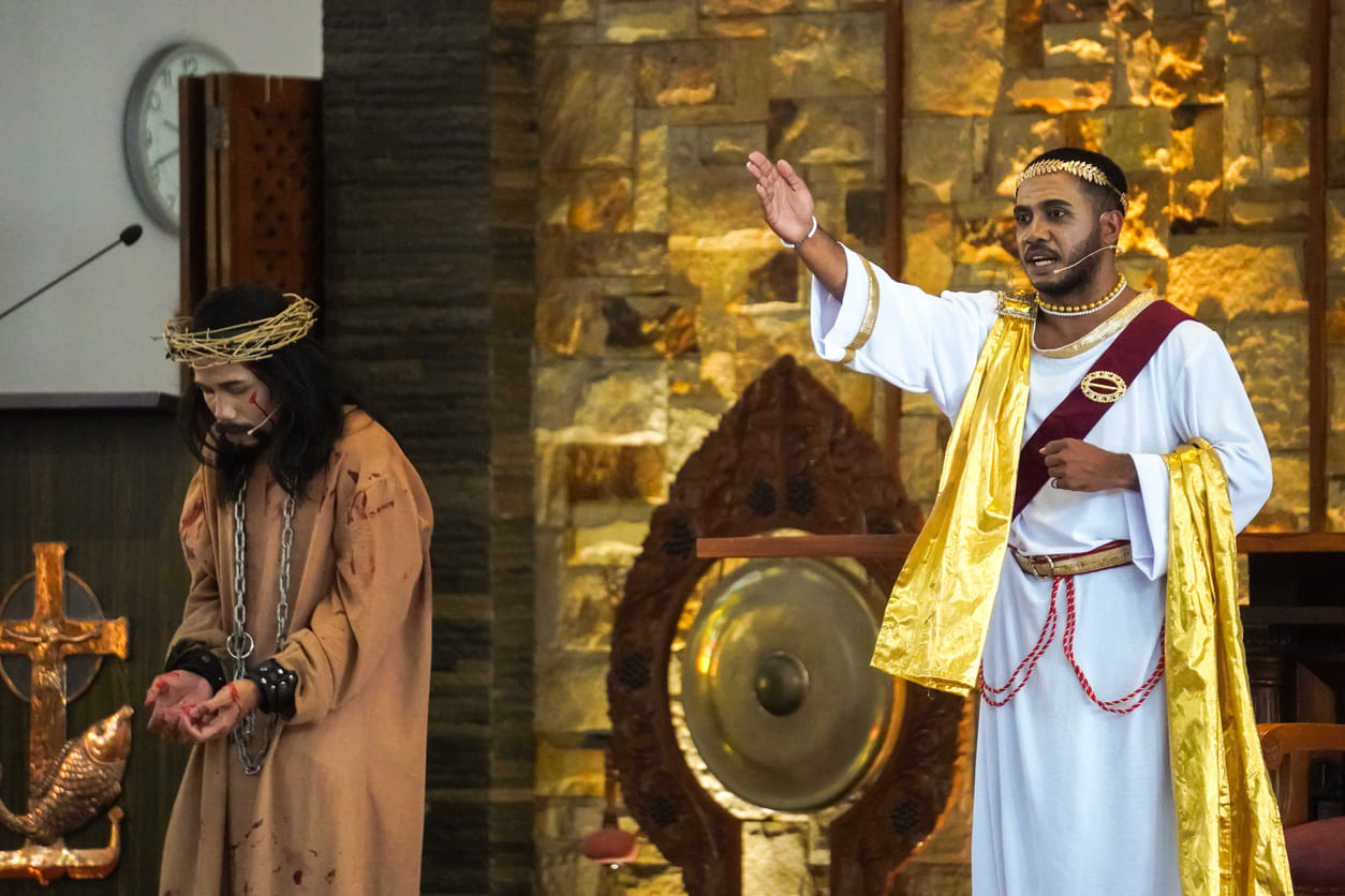 A church reenactment of Jesus' trial and suffering, capturing the deep spiritual reflection and devotion observed during Good Friday in Indonesia.