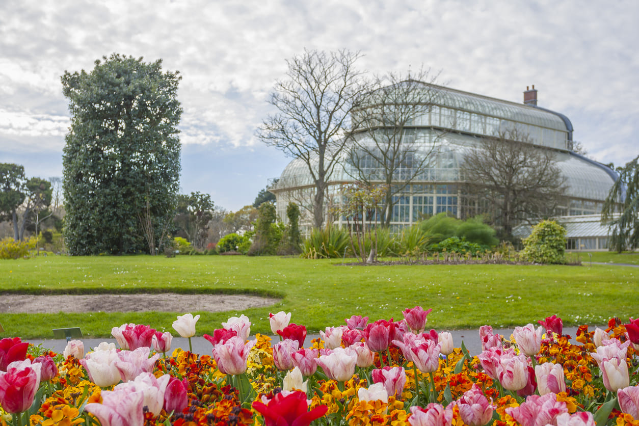 A vibrant garden scene with blooming flowers in front of a grand glass conservatory, evoking the beauty of spring.