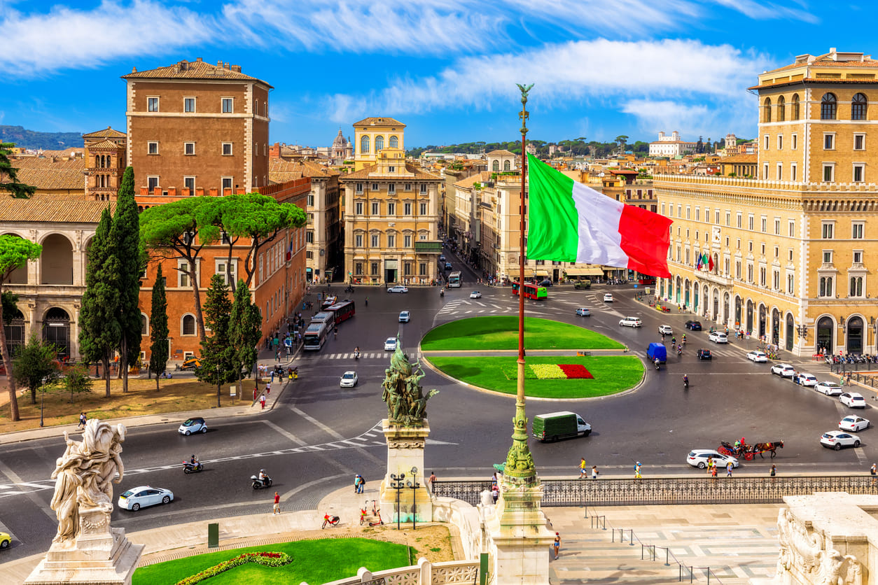 The Italian flag waves prominently over Rome's Altare della Patria, symbolizing national pride and freedom on Liberation Day.