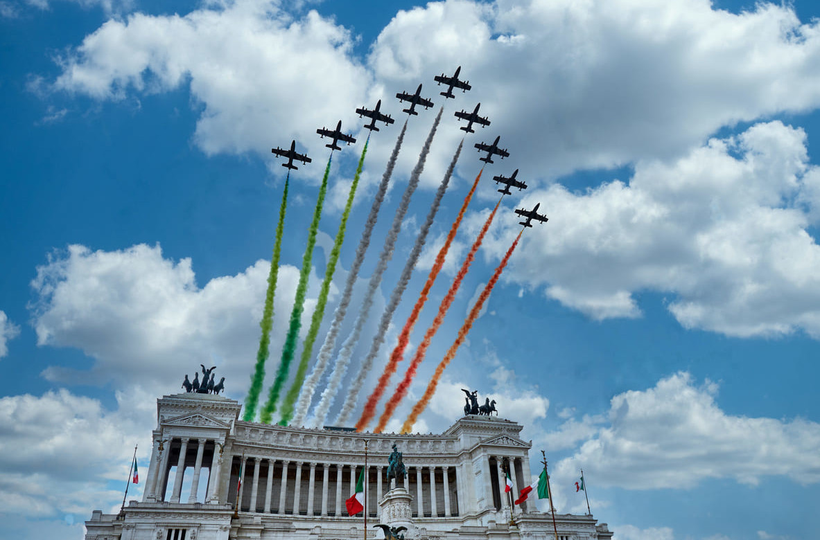 The Italian Air Force flies over Rome's Altare della Patria, trailing the Italian flag's colors in a Republic Day tribute.