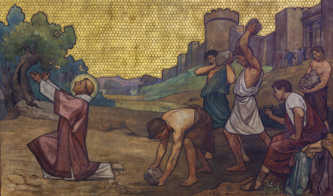 A painting of St. Stephen kneeling in prayer while being stoned, representing his martyrdom and unwavering faith.