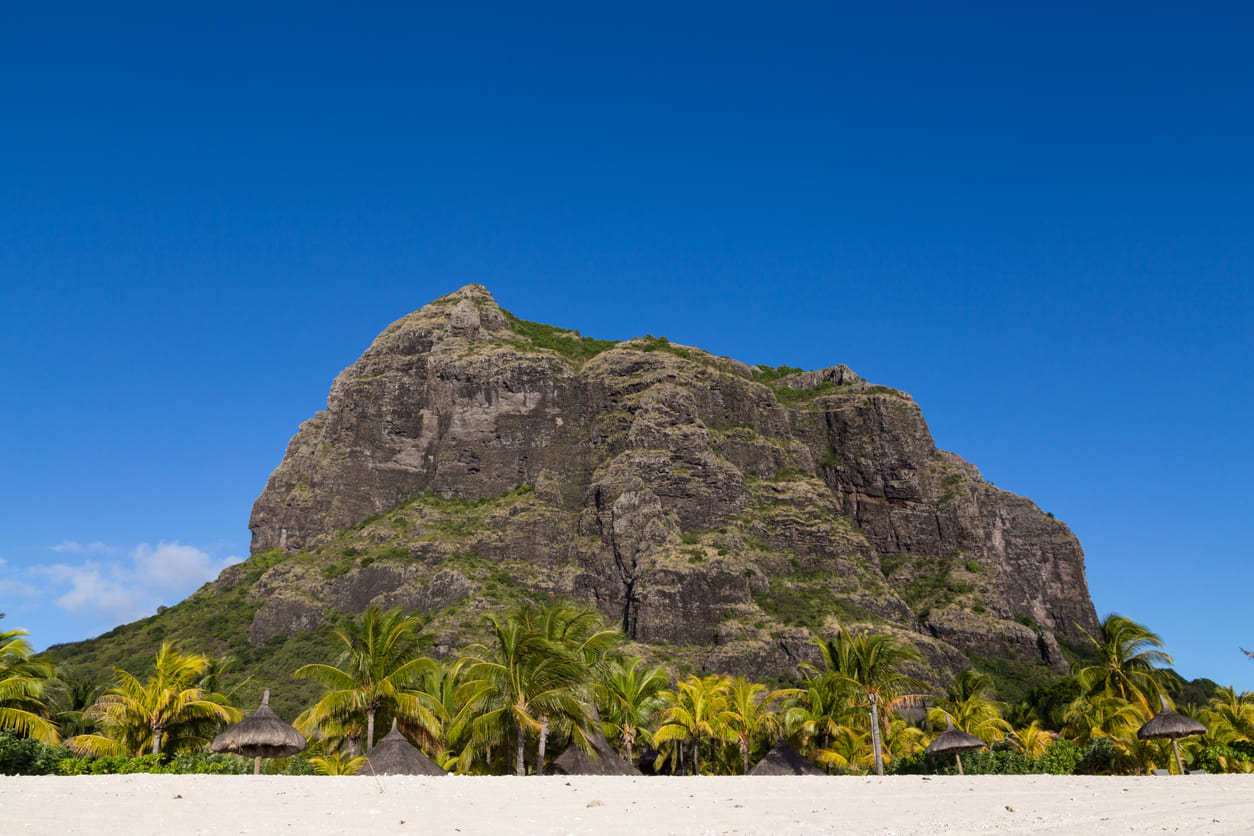 A majestic view of Le Morne Brabant mountain, once a refuge for runaway slaves, symbolizing freedom and resilience in Mauritius.