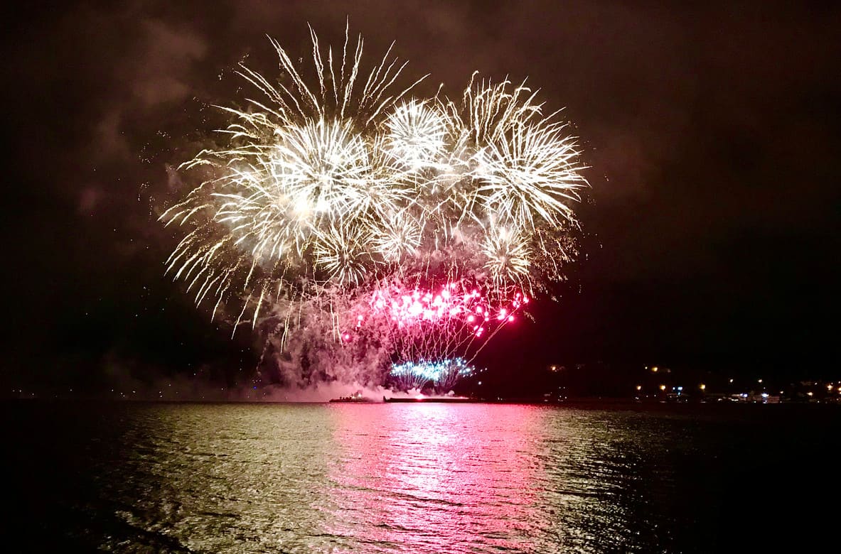 Fireworks burst over the water as Mauritius welcomes the New Year with joy and celebration.
