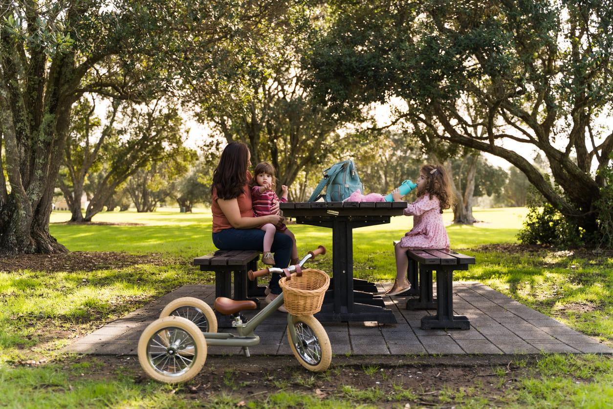 A family with young children relaxes at a picnic table in a sunlit park, capturing the essence of leisurely summer moments on Day after New Year's Day in New Zealand.