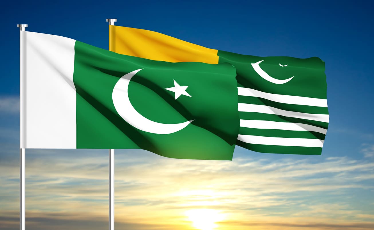 Flags of Pakistan and Azad Jammu & Kashmir waving, symbolizing unity and support for the Kashmiri cause.