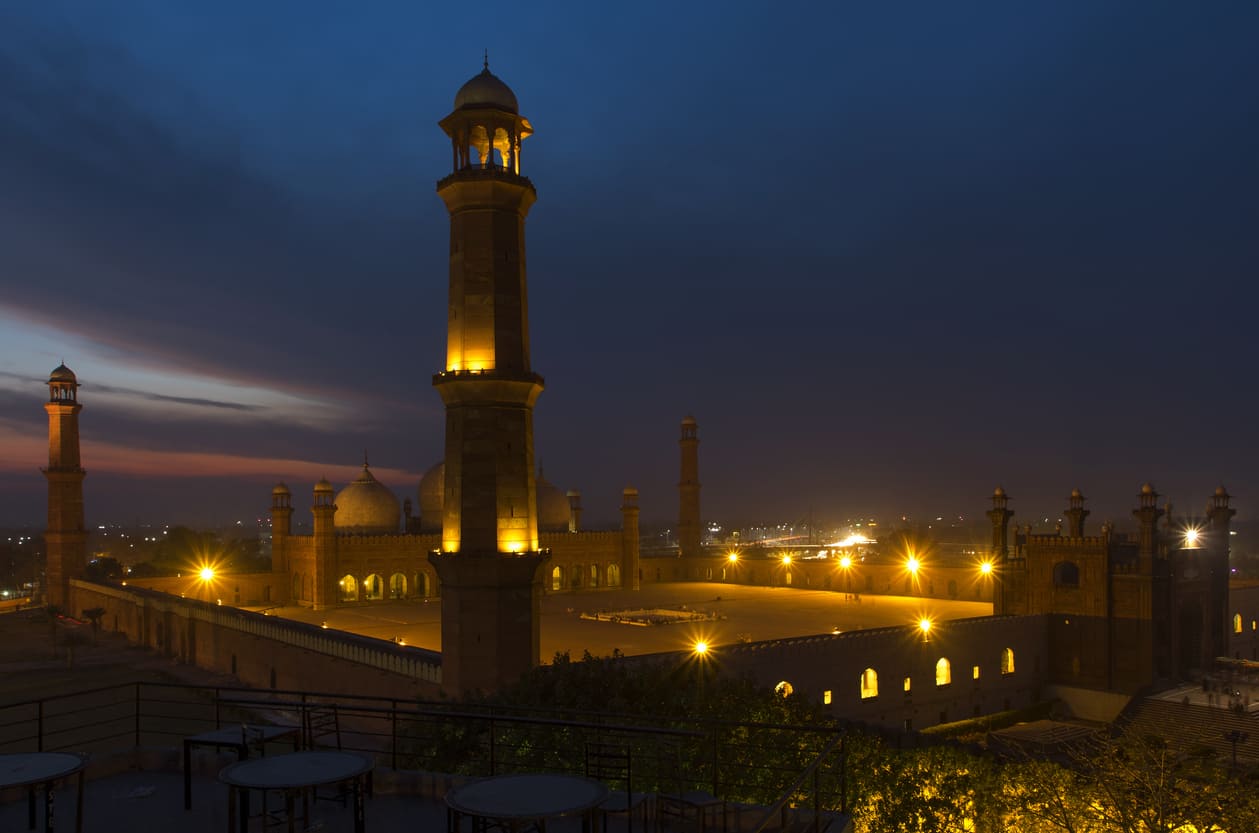 The Badshahi Mosque in Lahore shines brightly at night, embodying a serene and hopeful start to the New Year.