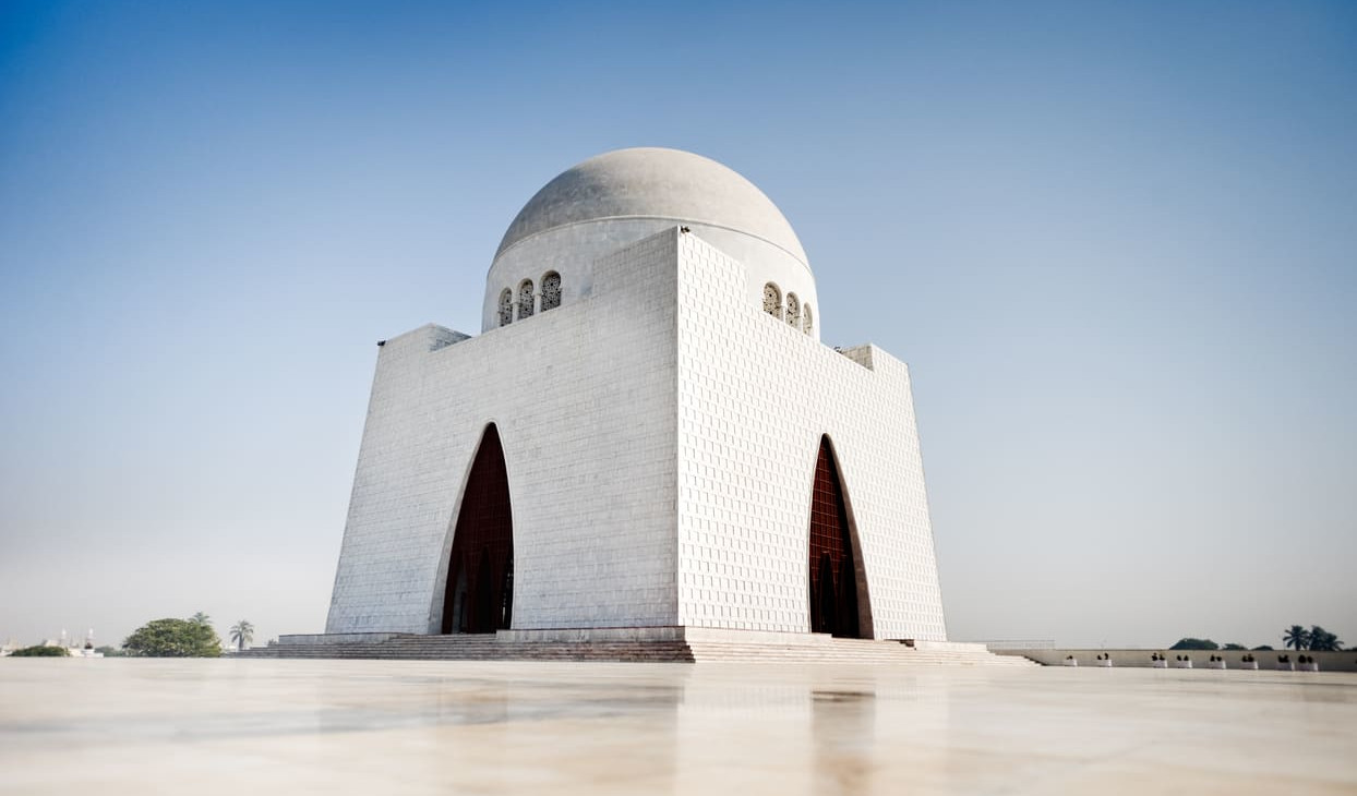 The Mazar-e-Quaid in Karachi, a white marble mausoleum, honoring Muhammad Ali Jinnah, the founder of Pakistan.