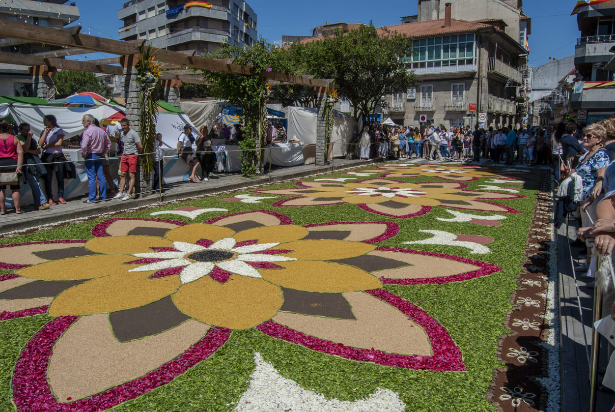 An elaborate floral carpet on a street during Corpus Christi celebrations in Spain, with crowds gathered to admire the intricate designs before the religious procession.