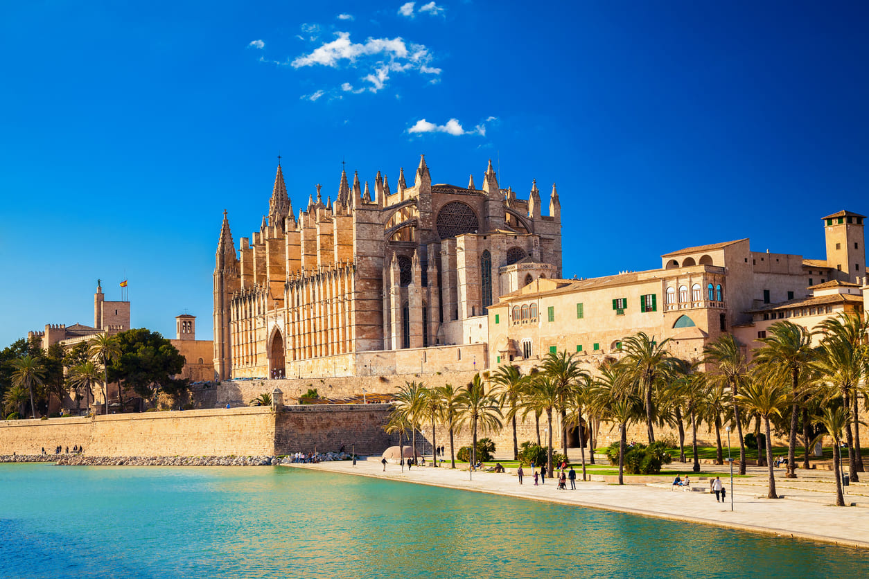 A stunning Gothic cathedral overlooking the turquoise waters of Palma de Mallorca, surrounded by historic buildings and palm-lined walkways.