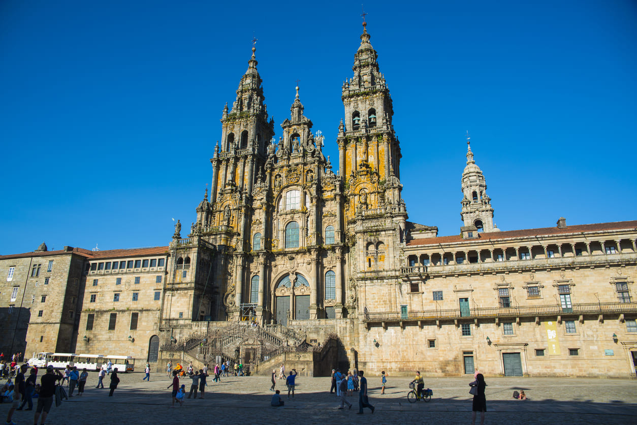 A stunning view of the Cathedral of Santiago de Compostela, a historic pilgrimage site and the focal point of the Feast of Saint James the Apostle celebrations.