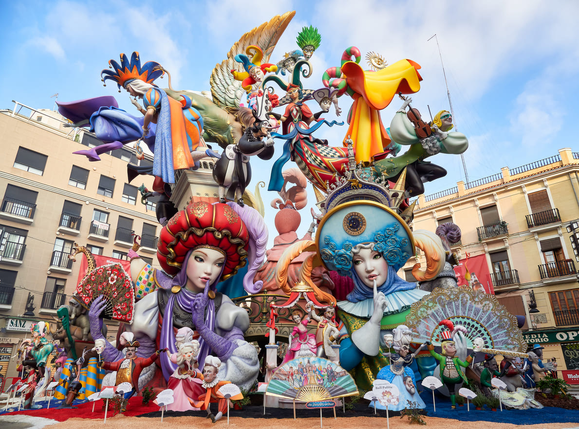 A stunning and colorful Fallas sculpture in Valencia, featuring intricate artistic figures as part of the grand Saint Joseph's Day celebrations.