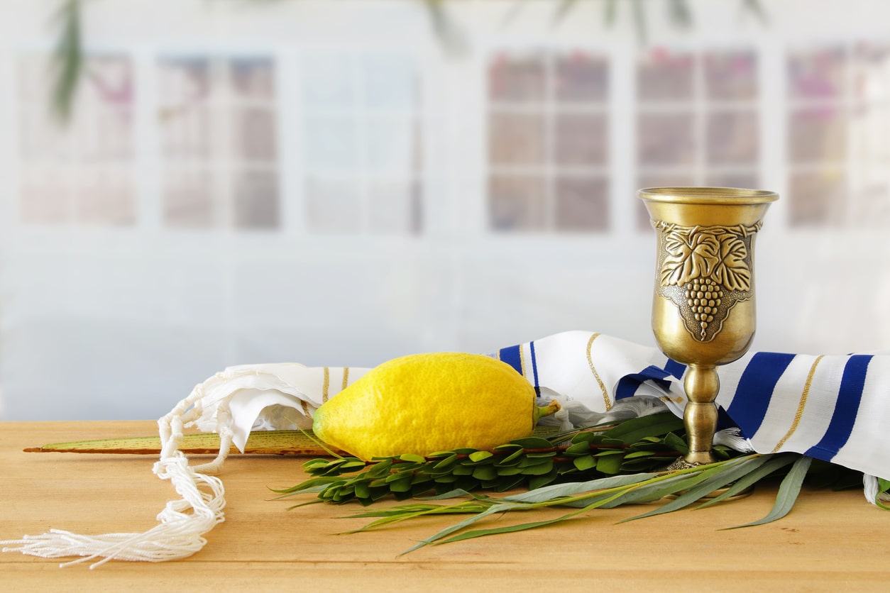 Traditional symbols of Sukkot festival: Lulav, etrog, myrtle, and willow.