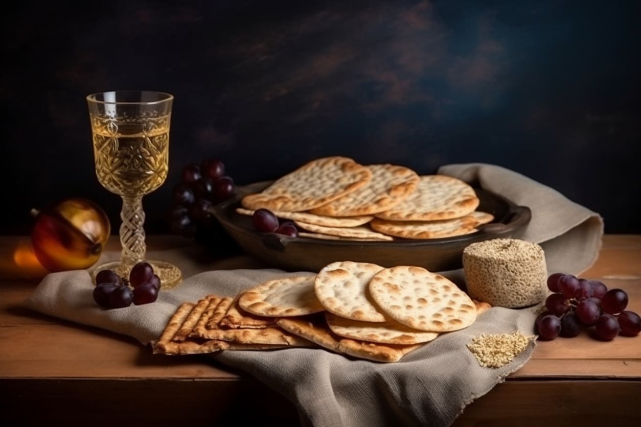 A traditional arrangement of matzah, grapes, and wine, prepared for the celebration of Passover.