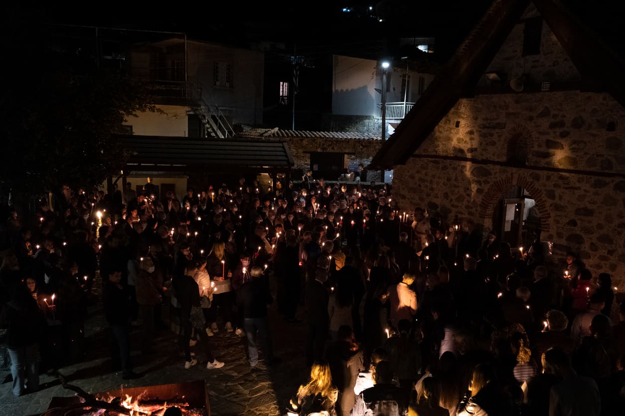 Orthodox Holy Saturday night service, where worshippers hold lit candles in anticipation of the Resurrection.