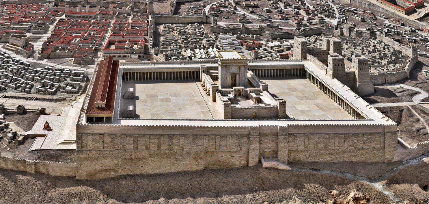 A detailed model of the Second Temple in Jerusalem, symbolizing the destruction mourned on Tisha B'Av.