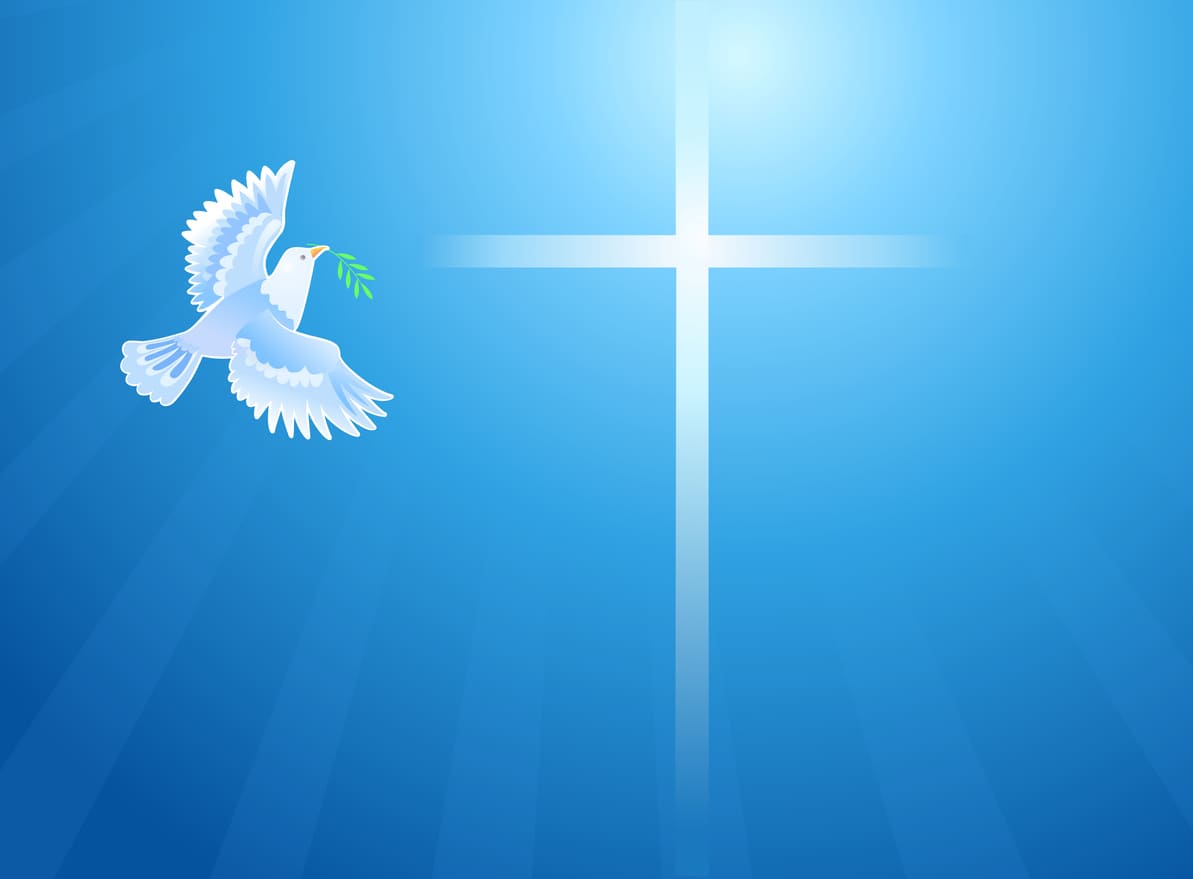 A white dove with an olive branch flies before a glowing cross, symbolizing peace and the Holy Spirit.