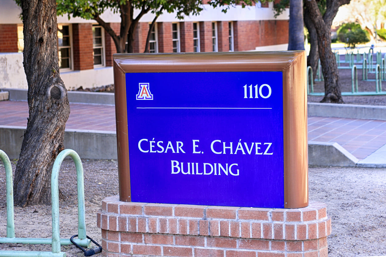 Sign for the César E. Chávez Building at the University of Arizona campus.