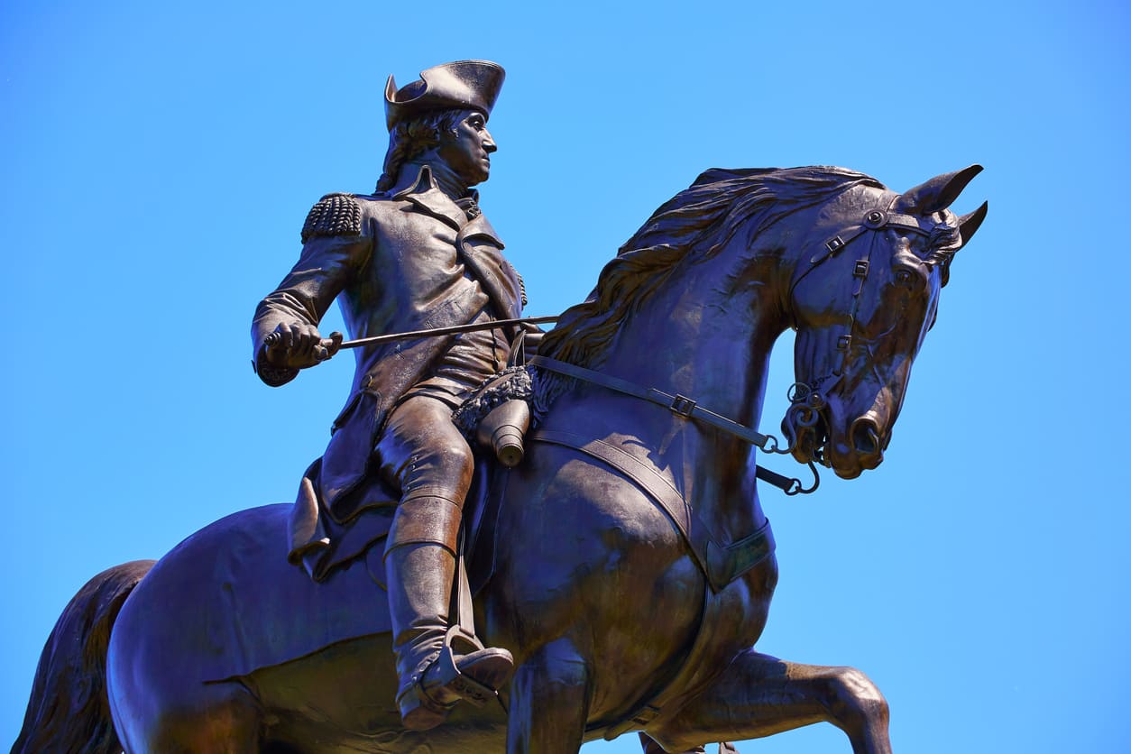 A statue of General George Washington on horseback, symbolizing his leadership during the American Revolutionary War.