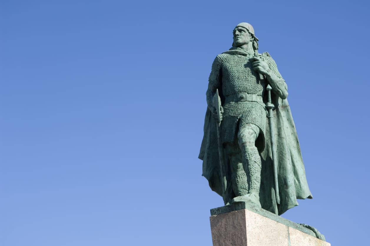 Statue of Leif Erikson in Viking attire, symbolizing his historic exploration of North America.