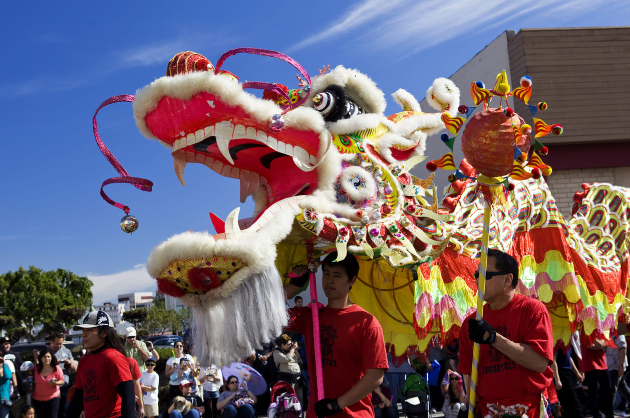 A vibrant dragon dance performed during Chinese New Year celebrations.