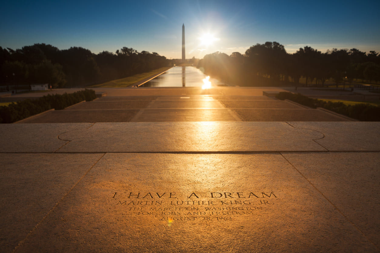 Engraved pavement in Washington, D.C., commemorates the spot where Martin Luther King Jr. delivered his iconic 'I Have a Dream' speech.