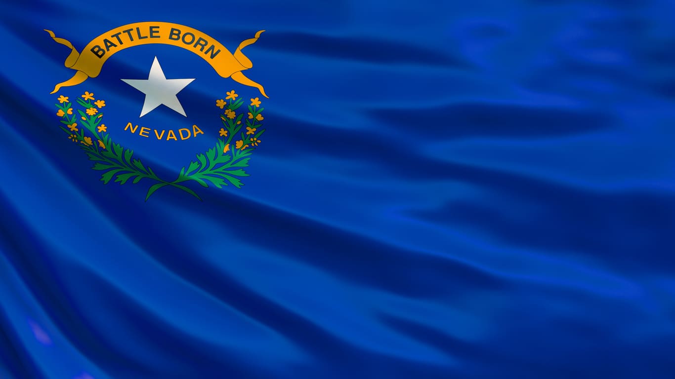 Nevada state flag with the Battle Born emblem, symbolizing the state's entry into the Union during the Civil War.