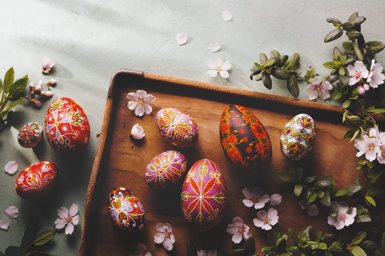 Intricately decorated Easter eggs surrounded by flowers, symbolizing life, renewal, and the festive spirit of Orthodox Easter.