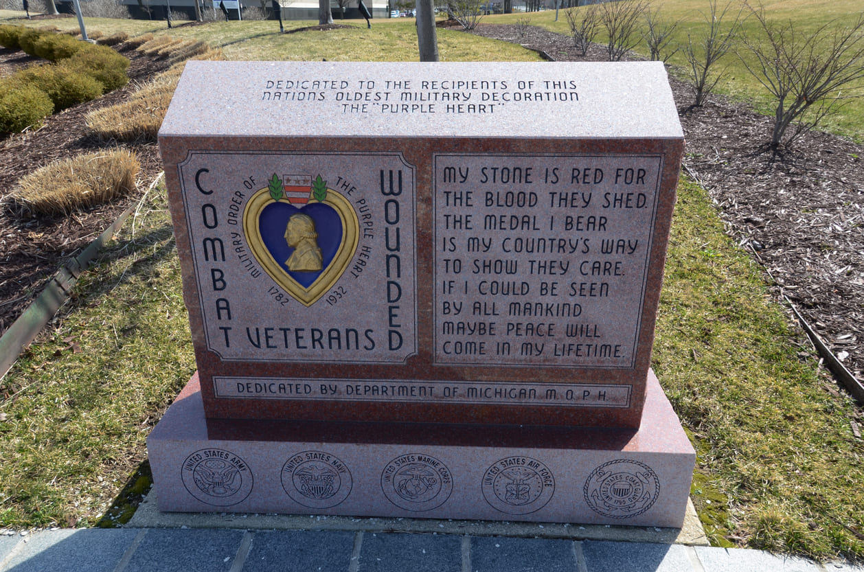 Monument dedicated to Purple Heart recipients, commemorating their bravery, sacrifice, and service to the nation.