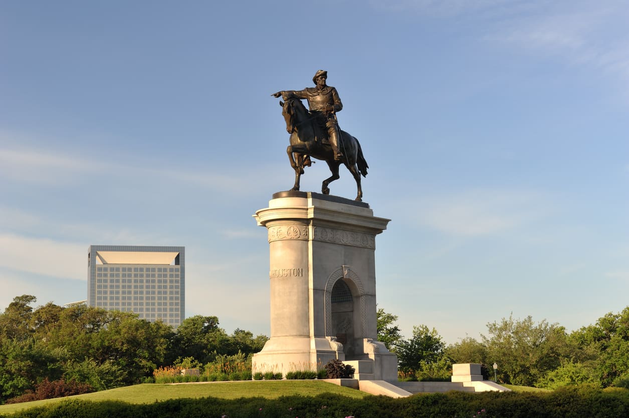 The General Sam Houston Statue in Houston honors his leadership during the Battle of San Jacinto.