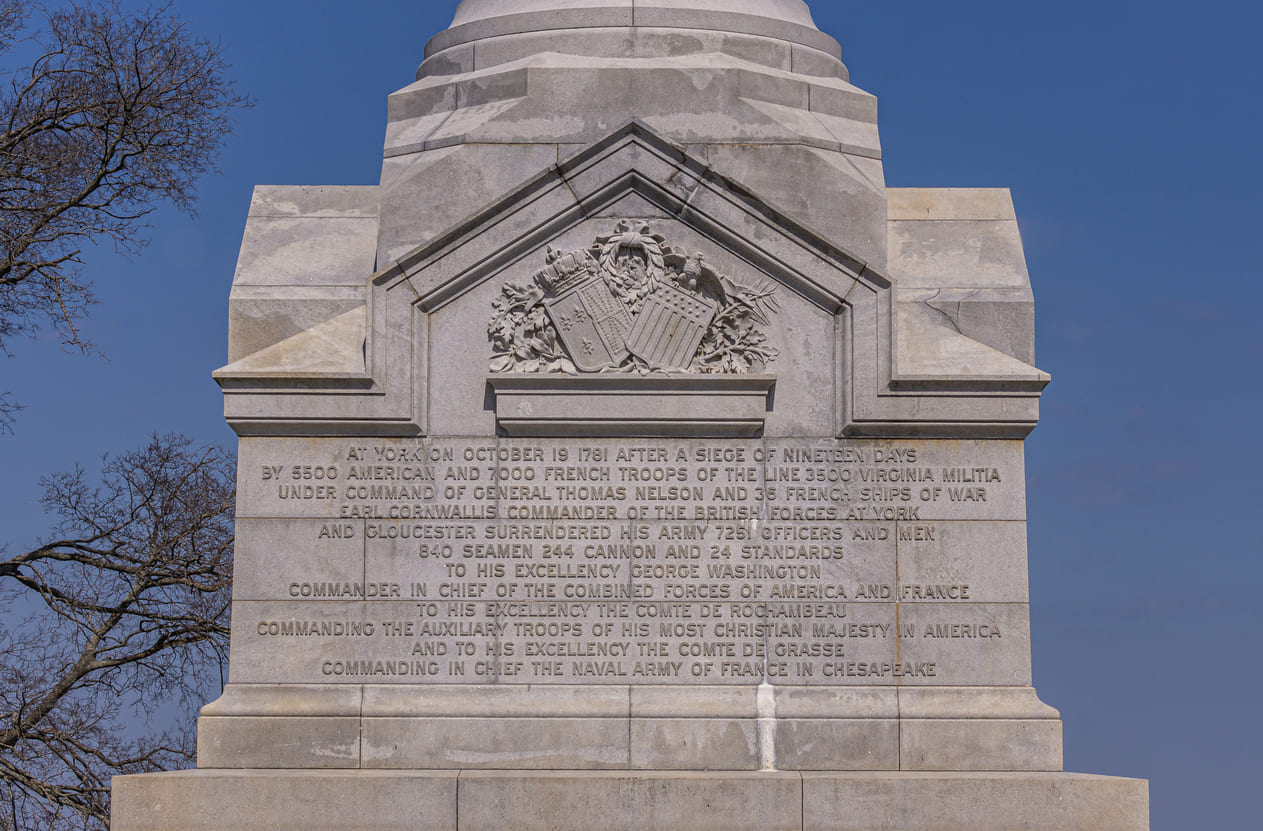 Yorktown Victory Monument's inscription, commemorating the 1781 victory of American and French forces over the British at Yorktown.